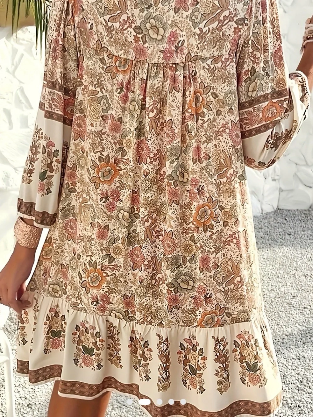 Women’s Boho Floral Mini Dress Apricot XXL Long Sleeve Tassel Tie Ruffle - Picture 2 of 7